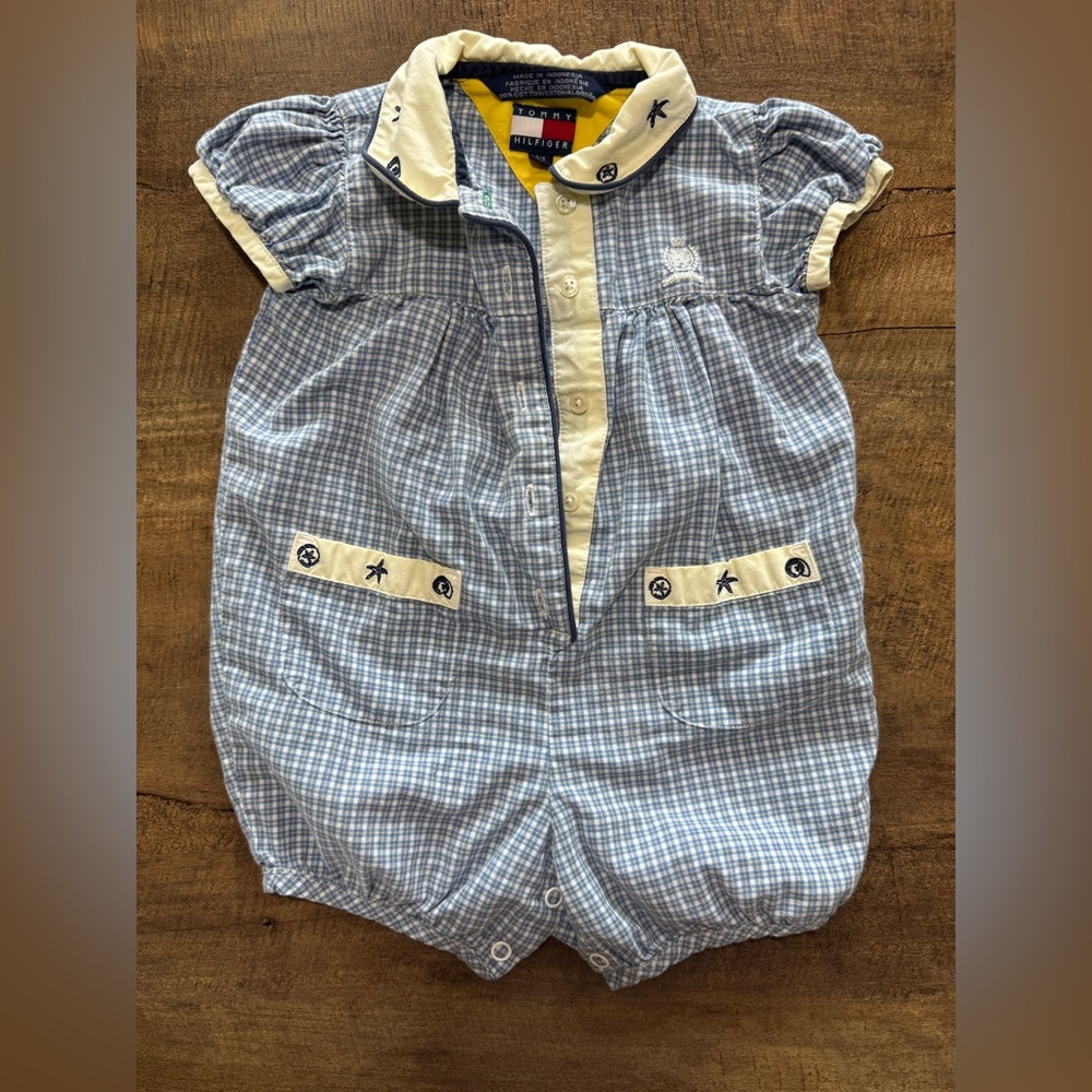 Vintage Tommy Hilfiger Baby Romper 3-6 Mths Blue Seashells One Piece Button Up